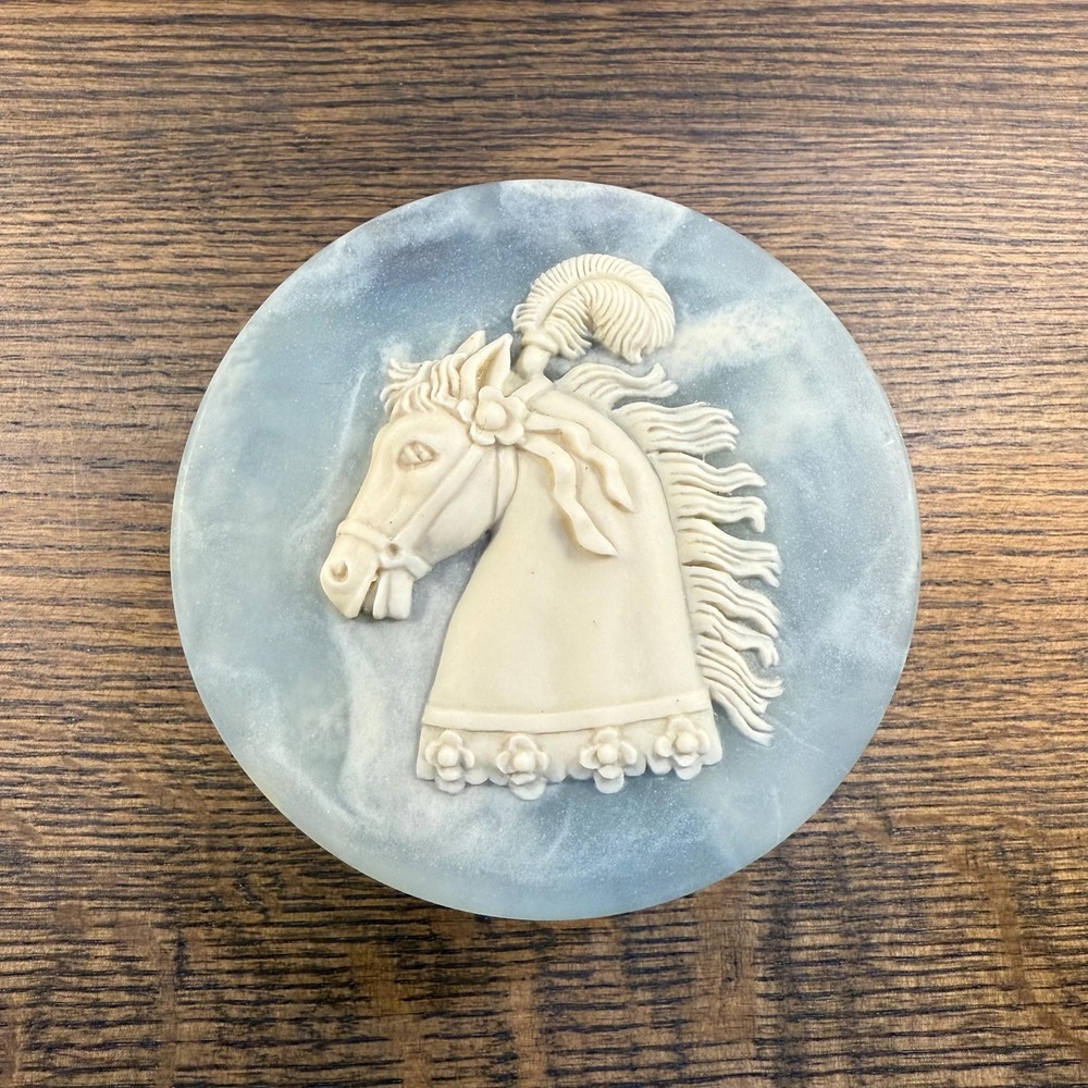 Vintage Incolay Stone Trinket Box: Blue Horse‎ Cameo Jewelry Box